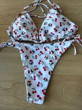 White Cherry Print Two-Piece Swim Set